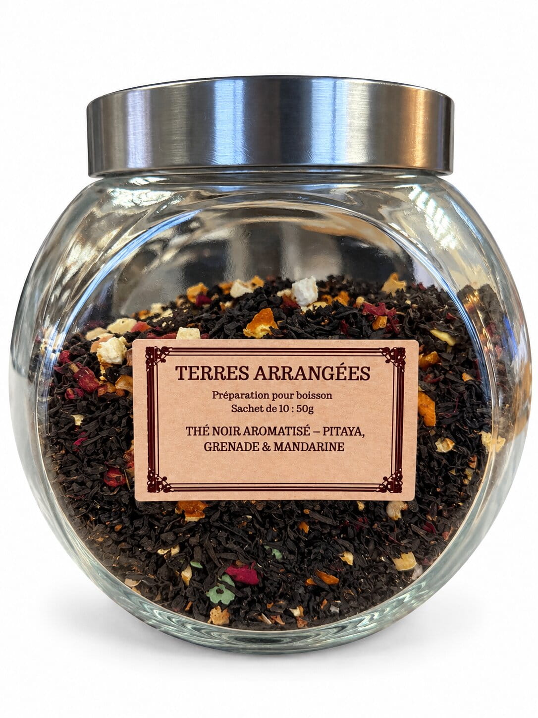 Thé noir aromatisé Pitaya, Grenade et Mandarine dans un bocal Terres Arrangées Titre de l’image